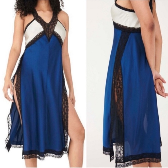FREE PEOPLE INTIMATELY SILKY TRI ME MIDI SLIP ADORNED W/BLACK LACE TRIM SIZE S - Picture 7 of 7